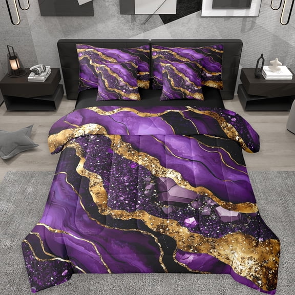 Manfei Metallic Marble 7pcs Bedding Comforter Set,Brown Fluid Stripe Queen Bedding Sets,Purple Sparking Print Queen Sheet Sets For Girls Teens,Ultra Soft Home Decor Reversible