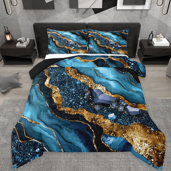Manfei Metallic Marble Full Size Comforter Sets,Brown Fluid Stripe Bedding Comforter Set,Blue Sequin Print Bedding Sets For Girls Teens,Ultra Soft Home Decor Reversible,3 Pieces