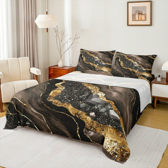 Manfei Metallic Marble Full Size Sheets,Brown Fluid Stripe Bed Sheets,Gold Sequin Print Sheet Sets For Girls Teens,Ultra Soft Home Decor,4-Piece
