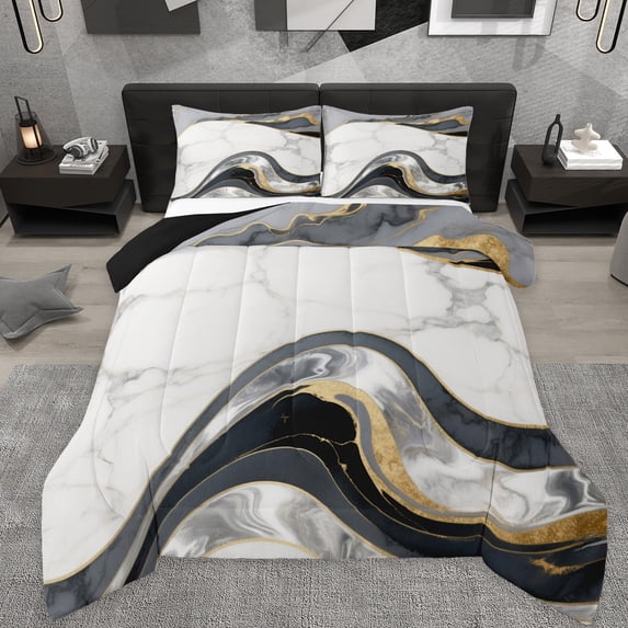Manfei Metallic Marble Queen Comforter Set,Contemporary Fluid Stripe Bedding Sets,White Black Gold Bedding Comforter Set For Girls Teens,Ultra Soft Home Decor Reversible,3pcs