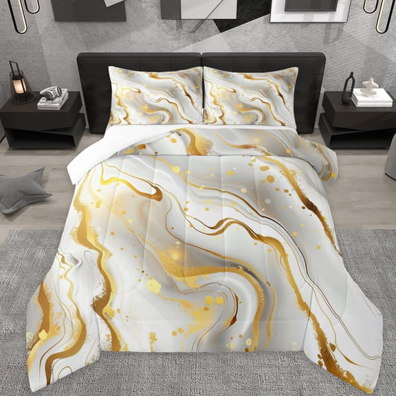 Manfei Metallic Marble Queen Comforter Set,Modern Fluid Art Bedding Sets,White Gold Bedding Comforter Set For Girls Teens,Ultra Soft Home Decor,3-Piece