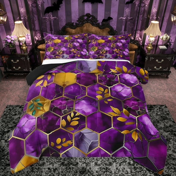 Manfei Mgeometric Eaethetic Art Full Size Comforter Sets,Marble Print Bedding Comforter Set,Purple Hexagon Gold Leaves Bedding Sets For Teens,Microfiber Bedroom Decor Reversible,3pcs