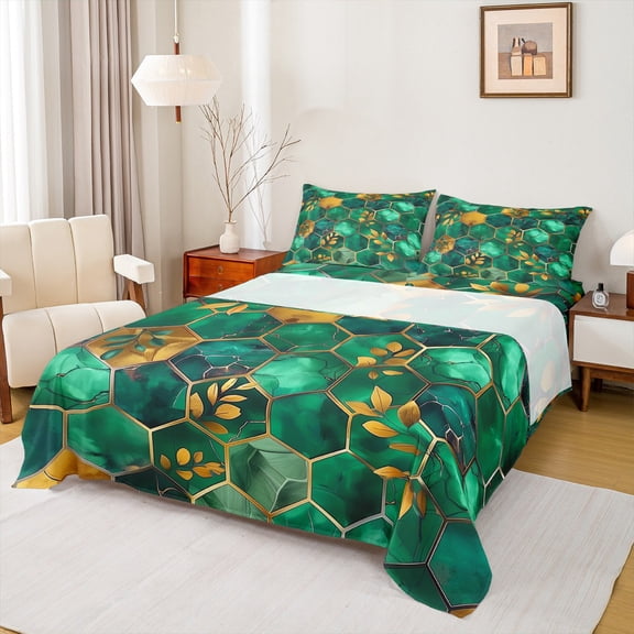 Manfei Mgeometric Eaethetic Art Full Size Sheets,Marble Print Bed Sheets,Green Hexagon Gold Leaves Sheet Sets For Teens,Microfiber Bedroom Decor,4 Pieces