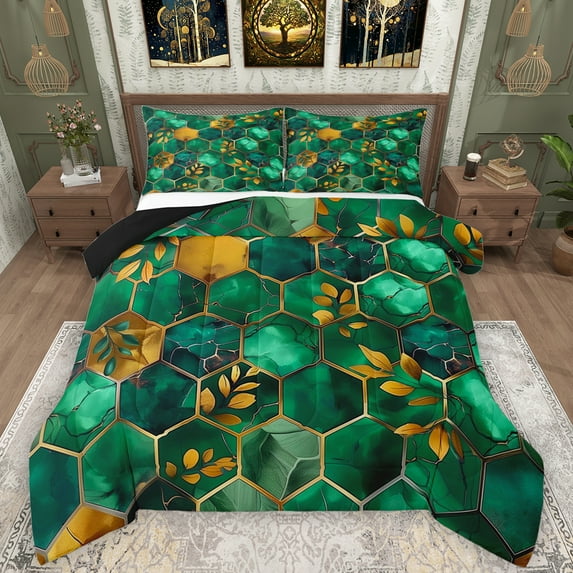Manfei Mgeometric Eaethetic Art Queen Comforter Set,Marble Print Bedding Sets,Green Hexagon Gold Leaves Bedding Comforter Set For Teens,Microfiber Bedroom Decor Reversible,3pcs