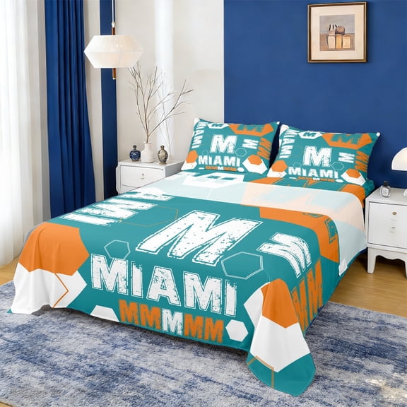 Manfei Miami Monogrammed M Full Size Sheets,Geometric Hexagon Bed Sheets,White Blue Orange Sheet Sets For Boy Teens,Ultra Soft Bedroom Decor,4pcs