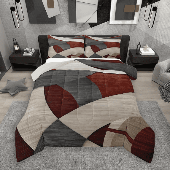 Manfei Mid Century Abstract Full Size Comforter Sets 3-Piece, Beige Gray Red Bedding Comforter Set, Retro Geometric Bedding Sets, Ultra Soft Home Decor