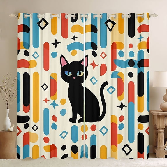 Manfei Mid Century Black Cat Blackout Curtains, Boho Rectangle Window Curtains Pack of 2 (38x45 Each), Cream Red Blue