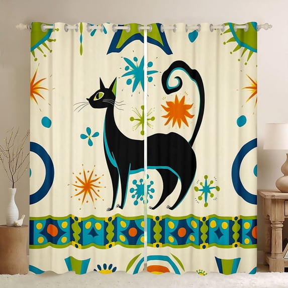 Manfei Mid Century Cat Blackout Curtains, Star Burst Window Curtains Pack of 2 (38x45 Each), Teal Orange
