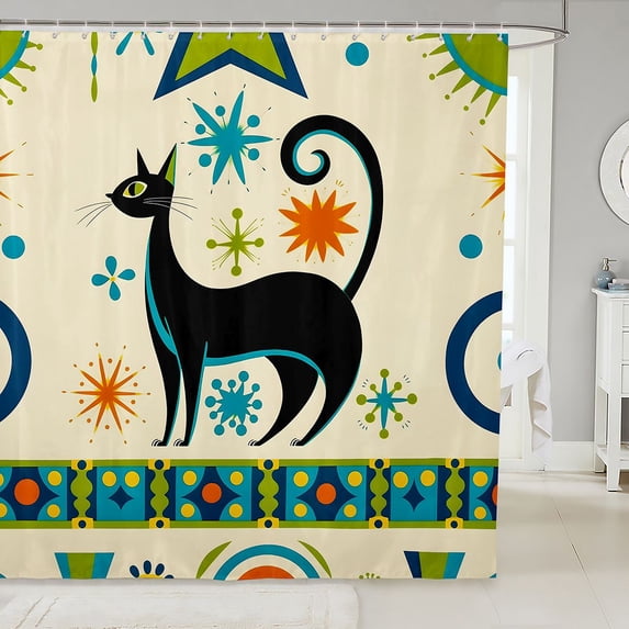 Manfei Mid Century Cat Shower Curtain 72Wx72L, Star Burst Bathroom Curtain, Teal Orange