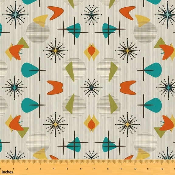 Manfei Mid Century Fabric by the Yard 1 Yard, Minimalism Home Decor Fabric by the Yard, Cream Retro Geometric