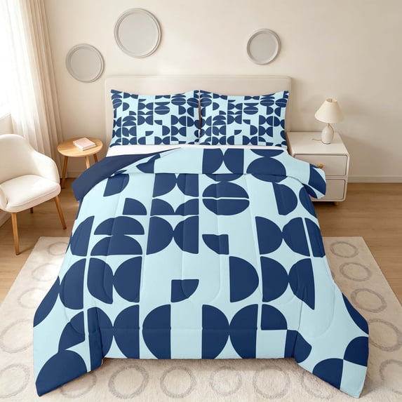 Manfei Mid-Century Geometric Full Size Comforter Sets, Navy Semicircle Bedding Comforter Set, Navy Light Blue, Navy Reversible 3pcs, 1 Comforter and 2 Pillowcases