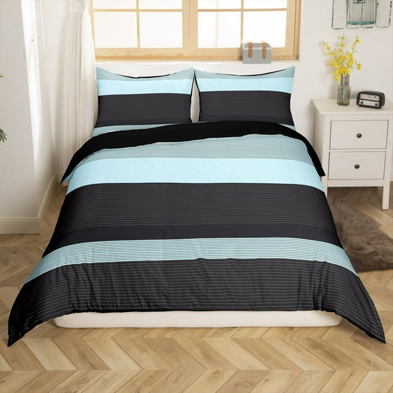 Manfei Mid Century Geometric Stripes Full Size Comforter Cover 3-Piece for Boys Girls,Black Blue Bedding Full Size,Vintage Aesthetic Abstract Artwork Lightweight Duvet Cover(No Comforter)