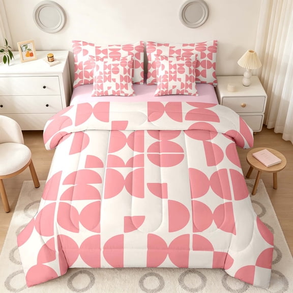 Manfei Mid-Century Geometric Twin Bedding, Pink Semicircle Bedding Comforter Set, Pink Cream, Pink Reversible 7-Piece