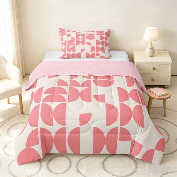 Manfei Mid-Century Geometric Twin Comforter Sets, Pink Semicircle Bedding Set, Pink Cream, Pink Reversible 2 Pieces, 1 Comforter and 1 Pillowcase