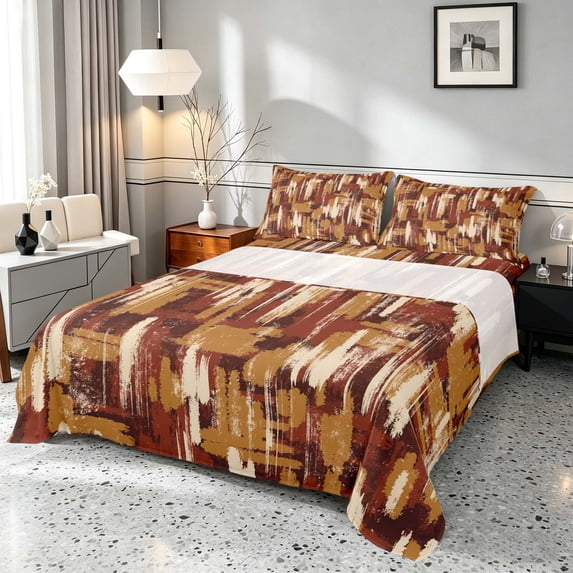Manfei Mid Century Oil Painting Queen Sheets, Brown Beige Ombre Queen Sheet Sets, Black Reversible 4-Piece1 Flat Sheet + 1 Fitted Sheet + 2 Pillowcases