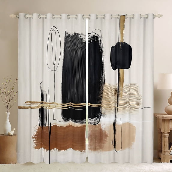 Manfei Mid Century Ombre Kitchen Curtains, Brown Black Beige Oil Painting Black Out Curtains Pack of 2 (42x63 Each)