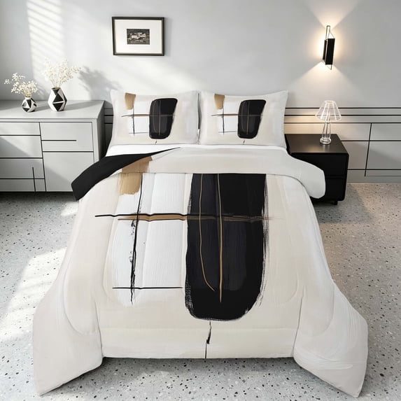 Manfei Mid Century Ombre Queen Comforter Set, Black Gold White Oil Painting Comforter Sets Queen, Black Reversible 3pcs, 1 Comforter and 2 Pillowcases
