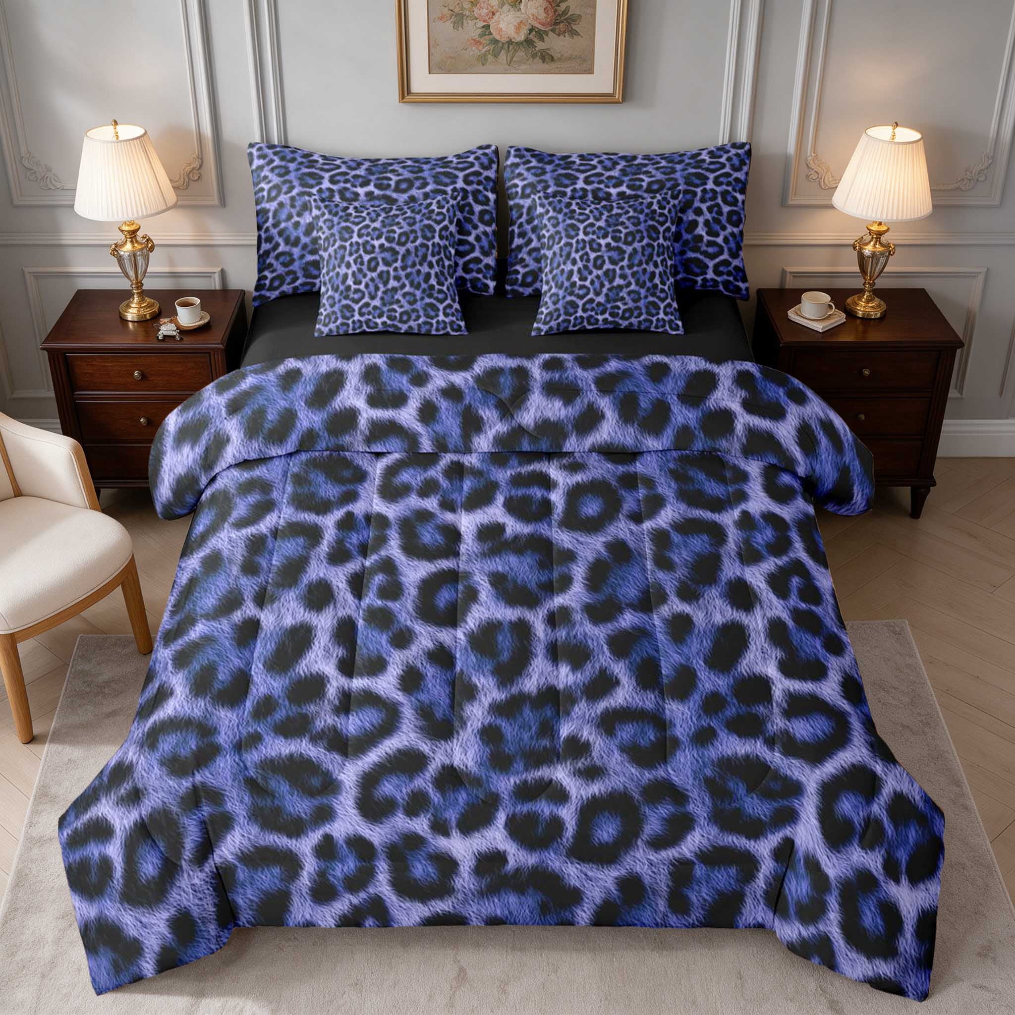 Manfei Midnight Navy Leopard Queen Bedding, Deep Blue Rosette Bedding ...