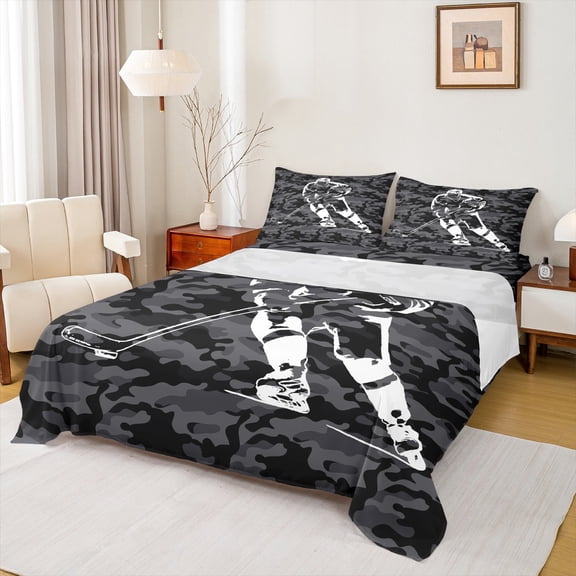 Manfei Military Camouflage Twin Sheet Set,Hockey Sport,Gray Black White,3-Piece Cozy