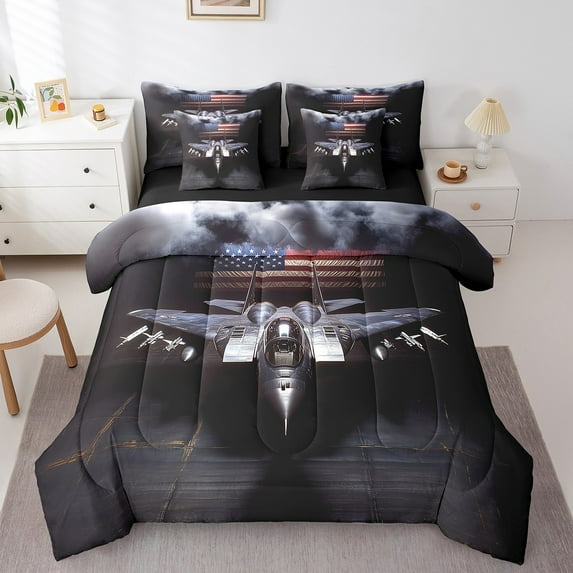 Manfei Jet 7-Piece Twin Bedding Sets,USA Flag Bedding Comforter Set,Transportation Theme Breathable Sheet Sets,Microfiber Vintage Room Decoration,Reversible