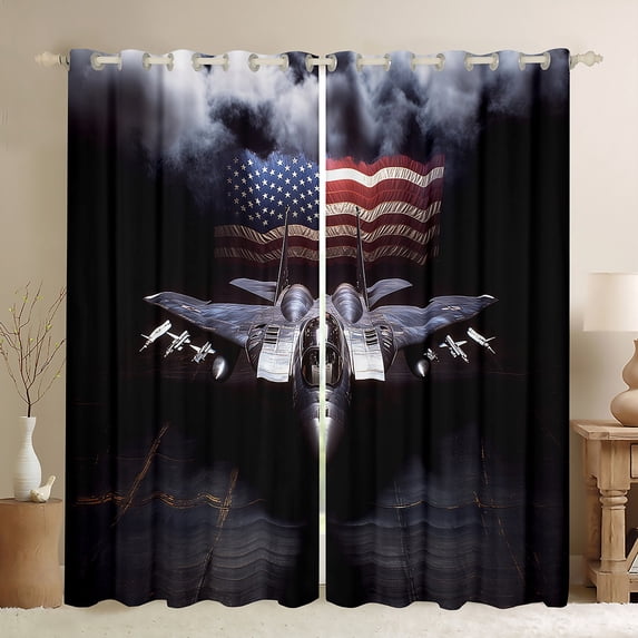 Manfei Jet Curtains Pack of 2 (42x84 Each),USA Flag Curtains Blackout,Transportation Theme Bedroom Curtains,Microfiber Vintage Room Decoration