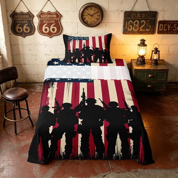 Manfei Military Soldier Silhouette Twin Sheets, Distressed US Flag Bedding, Red White Blue, Black Reversible 3pcs (1 Flat Sheet, 1 Fitted Sheet and 1 Pillowcase)