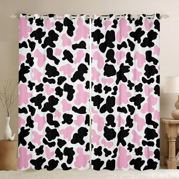 Manfei Milk Cattle Print Black Out Curtains,Rustic Farm Animal Curtains Pack of 2 (42x63 Each),Pink White Black Bedroom Curtains For Teens,Luxury Bedroom Decor