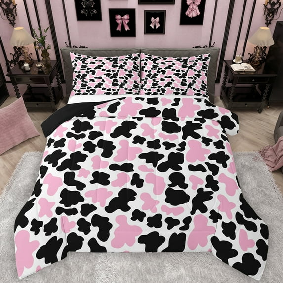 Manfei Milk Cattle Print Full Size Comforter Sets,Rustic Farm Animal Bedding Comforter Set,Pink White Black Bedding Sets For Teens,Luxury Bedroom Decor Reversible,3-Piece