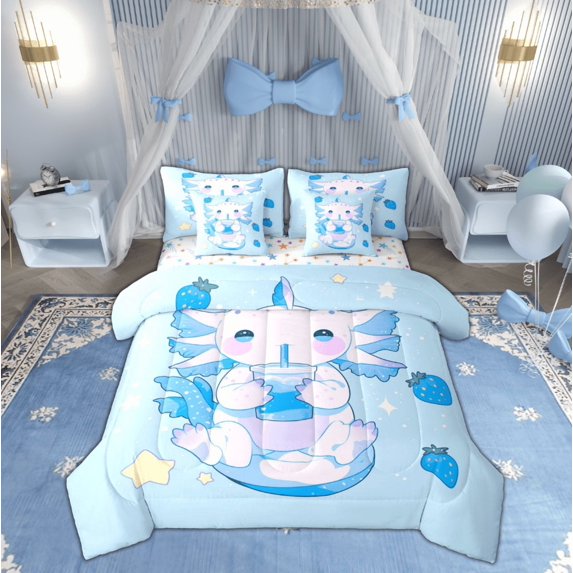 Manfei Milk Tea Axolotl Twin Bedding Sets 7-Piece, Kawaii Cartoon Animal Bedding Comforter Set, Teens Boys Girls Kids Reversible Sheet Sets, Luxury Bedroom Decor