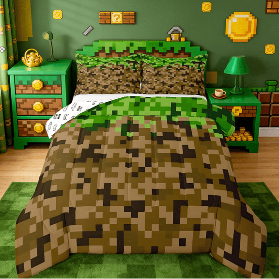 Manfei Miners Style Square Grid Twin Comforter Sets,Cartoon Gamepad Pixelated Games Bedding Set,Brown Green Reversible 2 Pieces