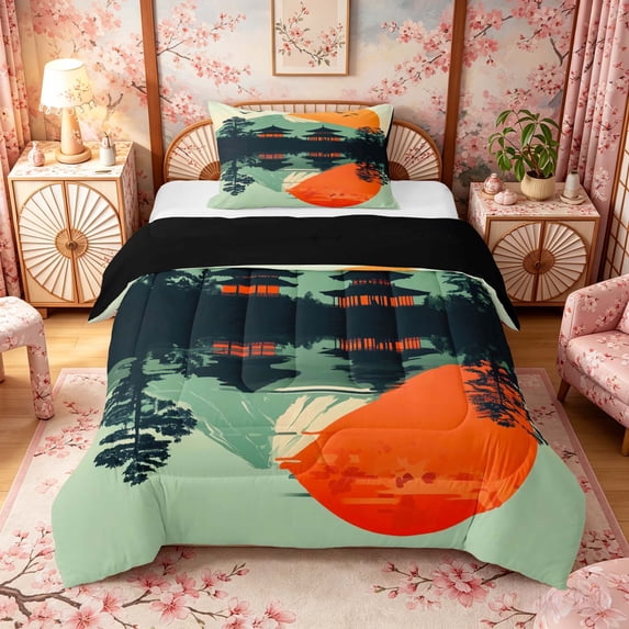 Manfei Minimal Fuji Twin Comforter Sets for Girls Women, Pagoda Sunset Bedding Set, Green Orange Black, Black Reversible 2-Piece, 1 Comforter and 1 Pillowcase