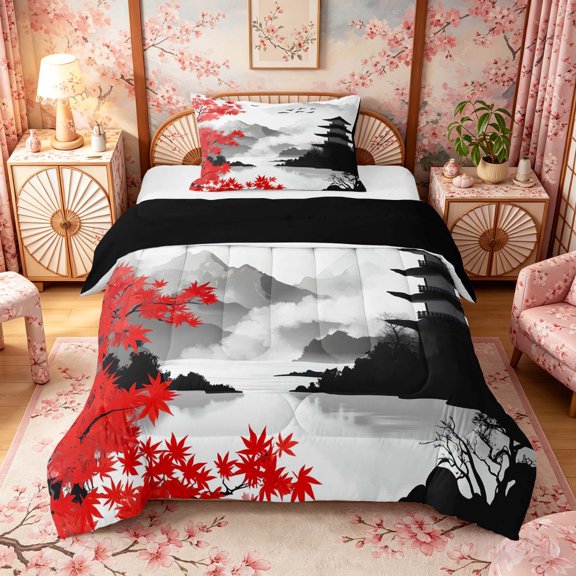 Manfei Minimal Fuji Twin Comforter Sets for Home, Maple Pagoda Bedding Set for Office, Black Red White, Black Reversible 2-Piece, 1 Comforter and 1 Pillowcase