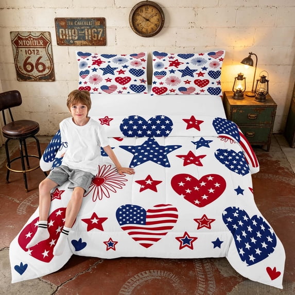 Manfei Minimal Hearts Stars Full Size Comforter Sets, USA Flag Bedding Comforter Set, Red White Blue, Black Reversible 3 Pieces, 1 Comforter and 2 Pillowcases
