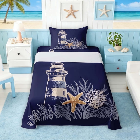 Manfei Minimal Line Art Lighthouse Starfish Twin Sheet Sets for Kids Boys and Girls, Nautical Print Bedding 3pcs, 1 Flat Sheet, 1 Fitted Sheet and 1 Pillowcase