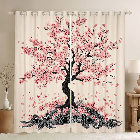 Manfei Minimal Sakura Black Out Curtains for Girls Women, Wave Tree Curtains Pack of 2 (42x63 Each), Pink Black Beige