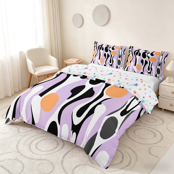 Manfei Minimalism Abstract Duvet Cover Queen, Purple Orange Aesthetic Queen Bedding, Colorful Stars Reversible 3 Pieces, 1 Duvet Cover and 2 Pillowcases