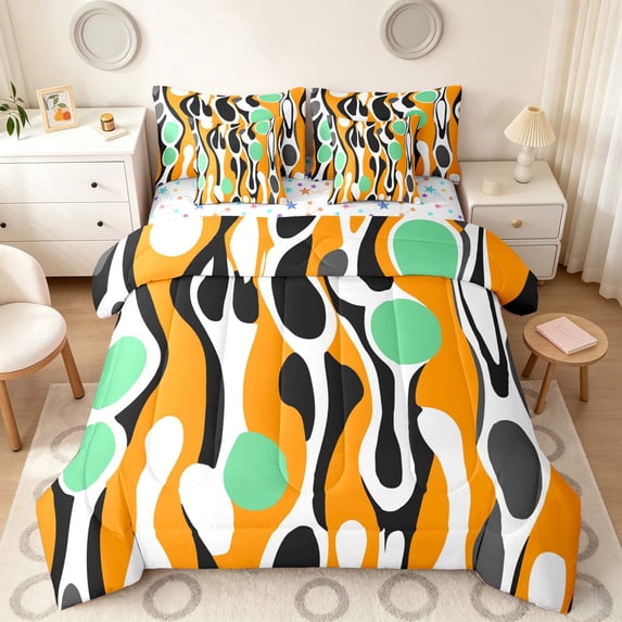 Manfei Minimalism Abstract King Bedding, Orange Green Aesthetic King Bed in a Bag, Colorful Stars Reversible 7 Pieces