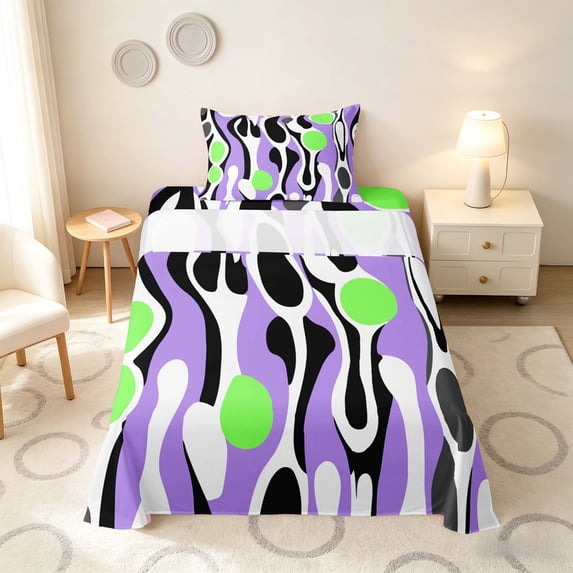 Manfei Minimalism Abstract Twin Sheets, Purple Green Aesthetic Bedding, Colorful Stars Reversible 3pcs1 Flat Sheet + 1 Fitted Sheet + 1 Pillowcase