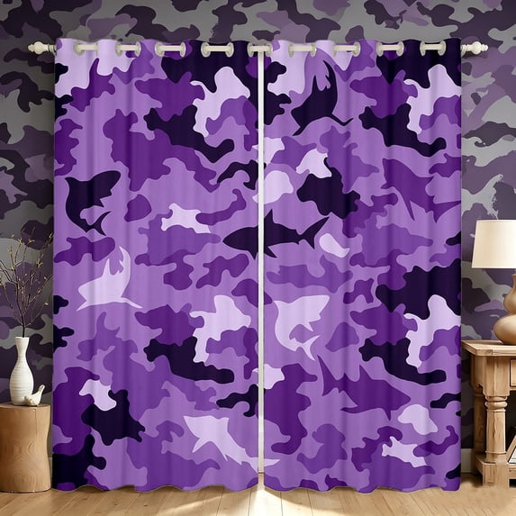 Manfei Minimalism Camo Curtains and Drapes Pack of 2 (52x63 Each), Countryside Mosaic Shark Black Out Curtains, Purple