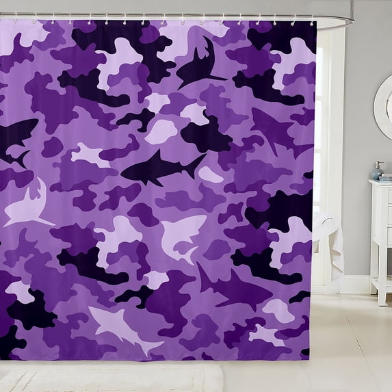 Manfei Minimalism Camo Shower Curtain 72Wx78L, Countryside Mosaic Shark Bath Curtain, Purple