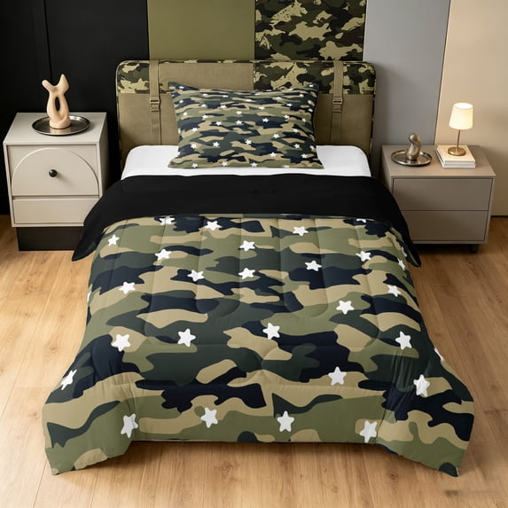 Manfei Minimalism Camo Twin Comforter Sets, Old Fashion Camouflage Bedding Set, Dark Olive Green, Black Reversible, 2-Piece, 1 Comforter and 1 Pillowcase