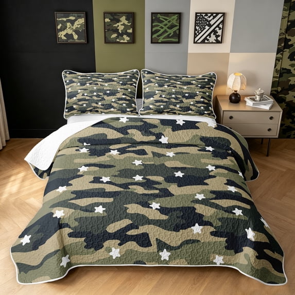 Manfei Minimalism Camo Twin Quilt Set, Old Fashion Camouflage Twin Coverlet Set, Dark Olive Green, 2-Piece, 1 Bedspread and 1 Pillowcase