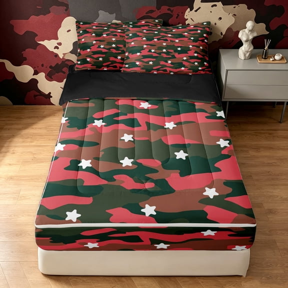 Manfei Minimalism Camo Zipper Queen Comforter Set with Fitted Sheet and 2 Pillowcases, Mid Century Abstract Zipper Bedding Set, Coral Green, Black Reversible, 4-Piece