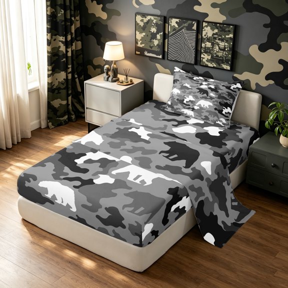 Manfei Minimalism Camouflage Bear Twin Sheets, Contemporary Art Camo Bedding, Urban Gray, 3 Pieces, 1 Flat Sheet, 1 Fitted Sheet and 1 Pillowcase