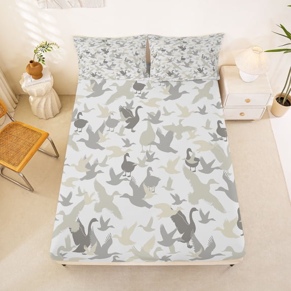 Manfei Minimalism Camouflage Fitted Sheet Full, Farmhouse Duck Bed Set, Cream White, 3-Piece, 1 Fitted Sheet and 2 Pillowcases