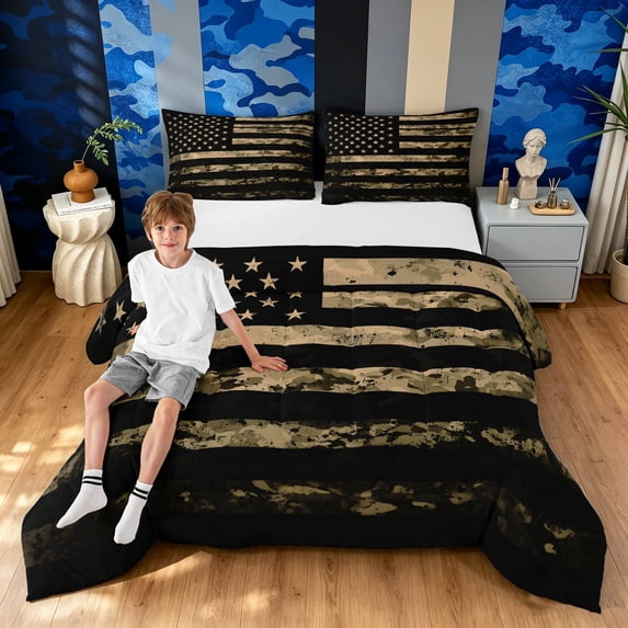 Manfei Minimalism Camouflage Full Size Comforter Sets, Contemporary Art Camo Bedding Comforter Set, Navy Blue, Black Reversible, 3pcs, 1 Comforter and 2 Pillowcases