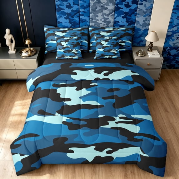 Manfei Minimalism Camouflage Queen Bedding, Contemporary Art Camo Bedding Comforter Set Queen, Navy Blue, Black Reversible, 7pcs