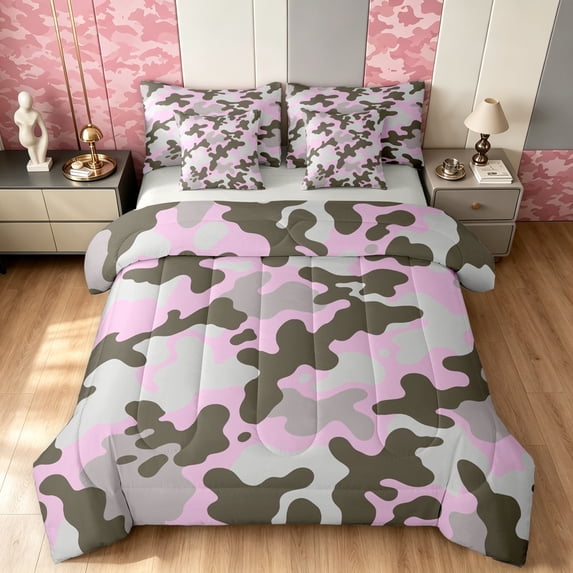 Manfei Minimalism Camouflage Twin Bedding, Contemporary Art Camo Bedding Comforter Set, Gray Pink, Gray Reversible, 7-Piece