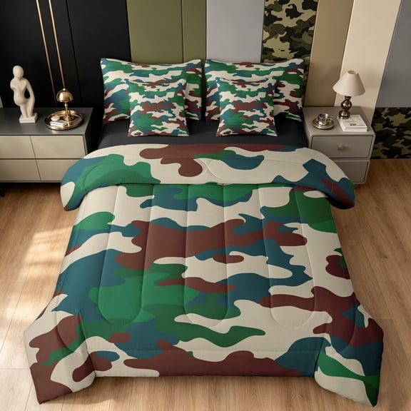 Manfei Minimalism Camouflage Twin Bedding, Countryside Camo Bedding Comforter Set, Green Beige, Black Reversible, 7-Piece