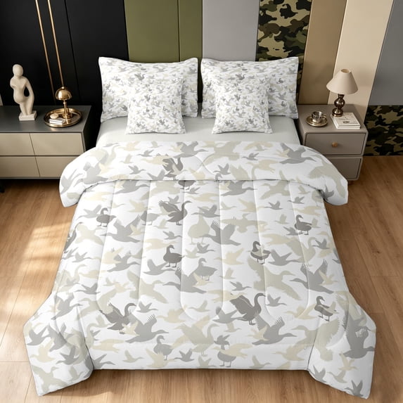 Manfei Minimalism Camouflage Twin Bedding, Farmhouse Duck Bedding Comforter Set, Cream White, Gray Reversible, 7-Piece